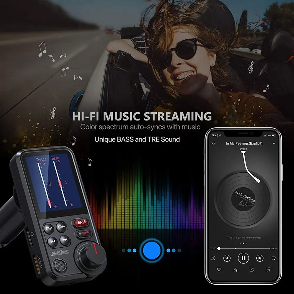 Premium Car Bluetooth FM Transmitter QC 3.0 Fast Charging USB Charger Hands-Free Calling Audio Adapter Stereo Music Player