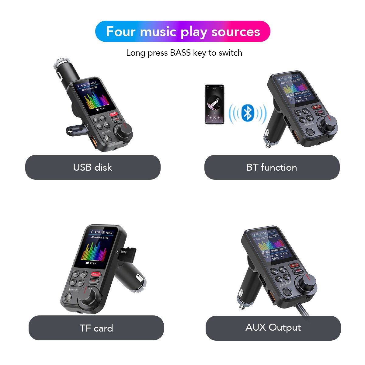 Premium Car Bluetooth FM Transmitter QC 3.0 Fast Charging USB Charger Hands-Free Calling Audio Adapter Stereo Music Player