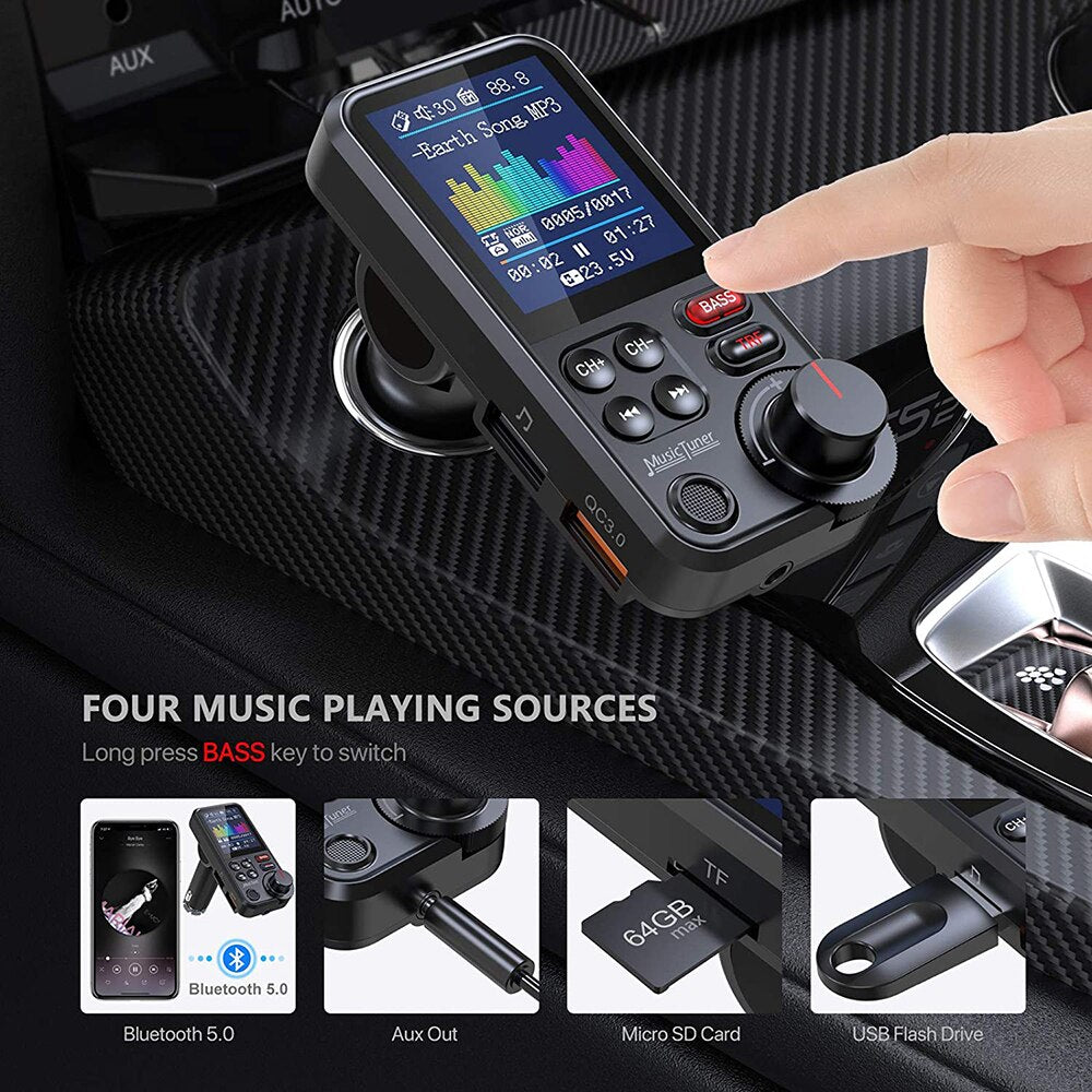 Premium Car Bluetooth FM Transmitter QC 3.0 Fast Charging USB Charger Hands-Free Calling Audio Adapter Stereo Music Player