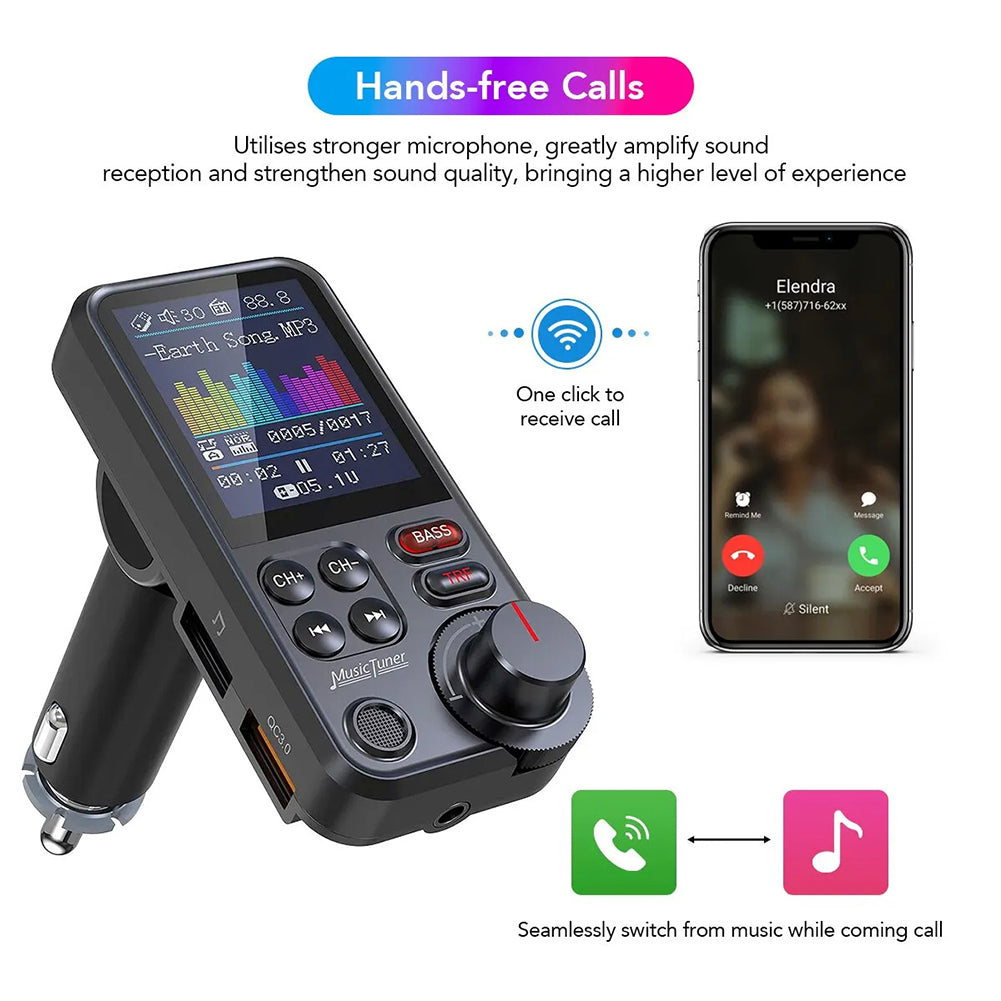 Premium Car Bluetooth FM Transmitter QC 3.0 Fast Charging USB Charger Hands-Free Calling Audio Adapter Stereo Music Player