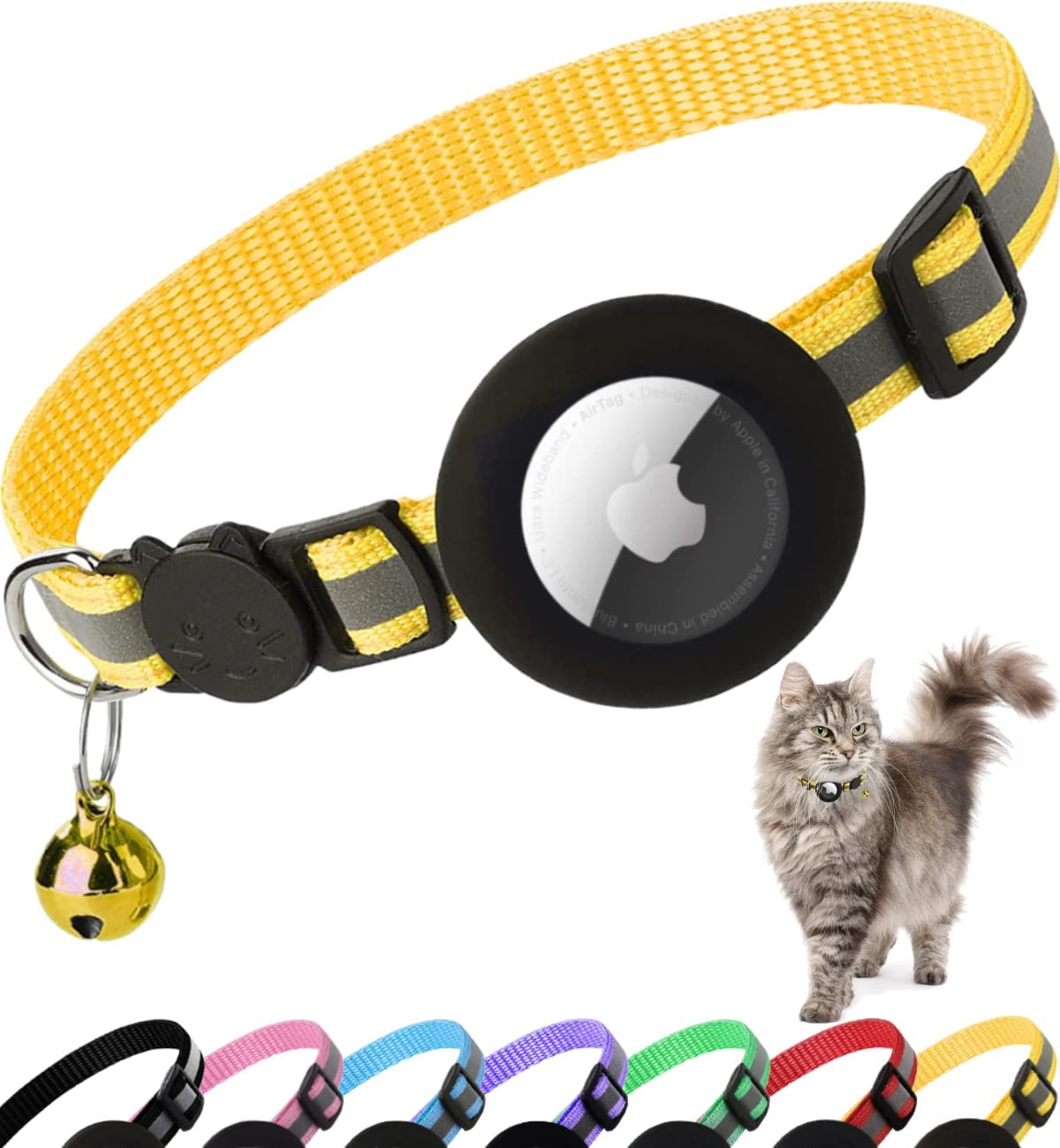 Premium Cat Collar AirTag Holder Reflective Adjustable Detachable Bell Pet Collar Secure Fit Lightweight Design