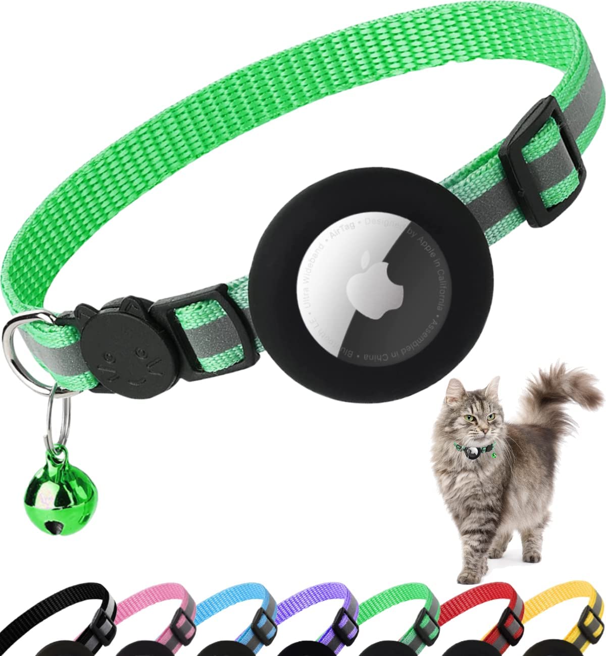 Premium Cat Collar AirTag Holder Reflective Adjustable Detachable Bell Pet Collar Secure Fit Lightweight Design