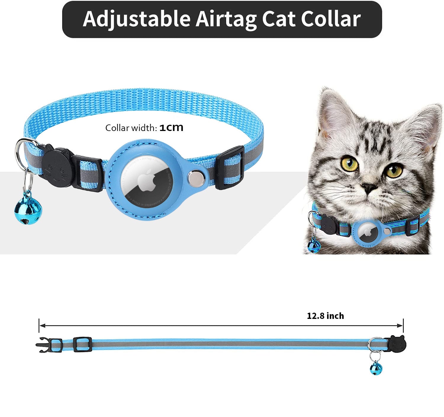 Premium Cat Collar AirTag Holder Reflective Adjustable Detachable Bell Pet Collar Secure Fit Lightweight Design