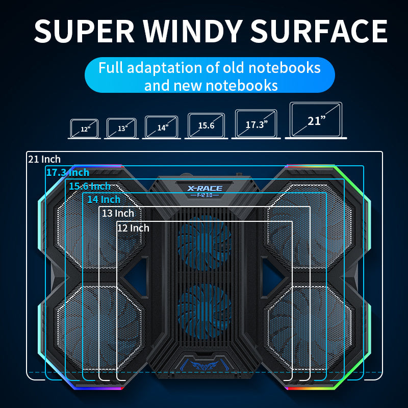 Premium Laptop Cooling Pad RGB 6 Fan 2600RPM Adjustable Stand Gaming Notebook Cooler Ergonomic Heat Dissipation