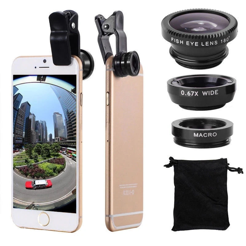 Premium Phone Camera Lens Kit 3-in-1 Fisheye Wide Angle Macro Clip-On Smartphone Lens Portable Photography Set