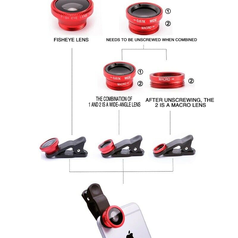Premium Phone Camera Lens Kit 3-in-1 Fisheye Wide Angle Macro Clip-On Smartphone Lens Portable Photography Set