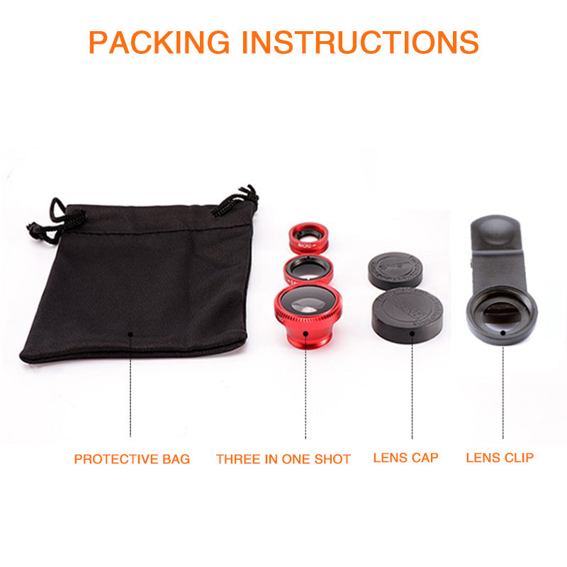 Premium Phone Camera Lens Kit 3-in-1 Fisheye Wide Angle Macro Clip-On Smartphone Lens Portable Photography Set