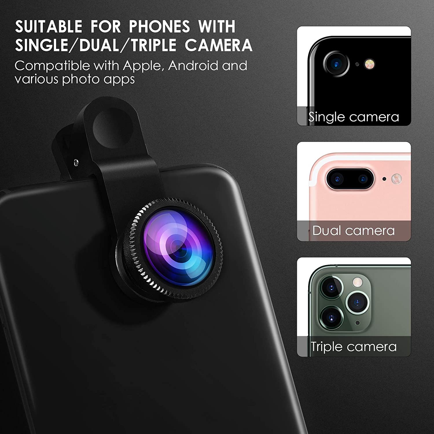 Premium Phone Camera Lens Kit 3-in-1 Fisheye Wide Angle Macro Clip-On Smartphone Lens Portable Photography Set