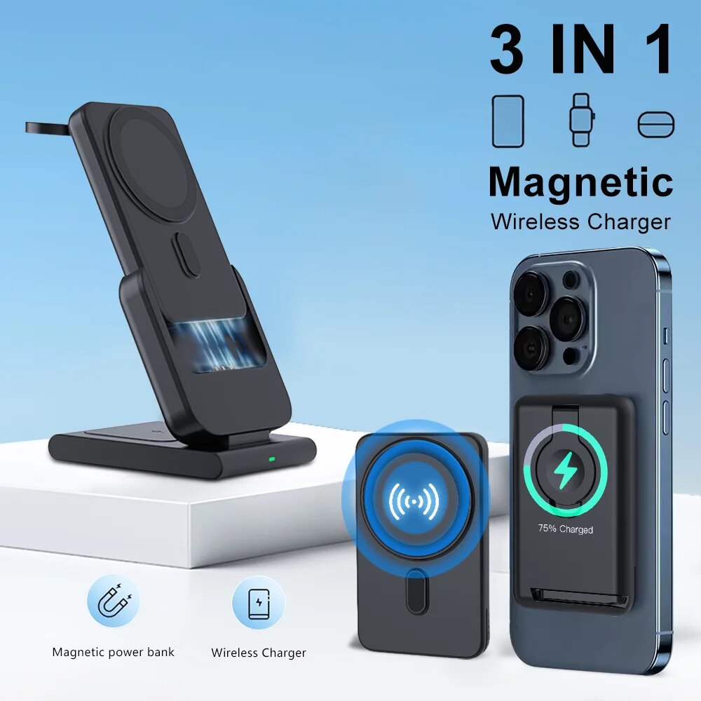 Premium Power Bank 5000mAh MagSafe Compatible 3-in-1 Wireless Charger Portable Magnetic Battery Smartphone Watch Earbuds Charging Station