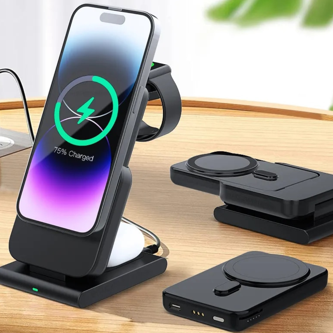 Premium Power Bank 5000mAh MagSafe Compatible 3-in-1 Wireless Charger Portable Magnetic Battery Smartphone Watch Earbuds Charging Station
