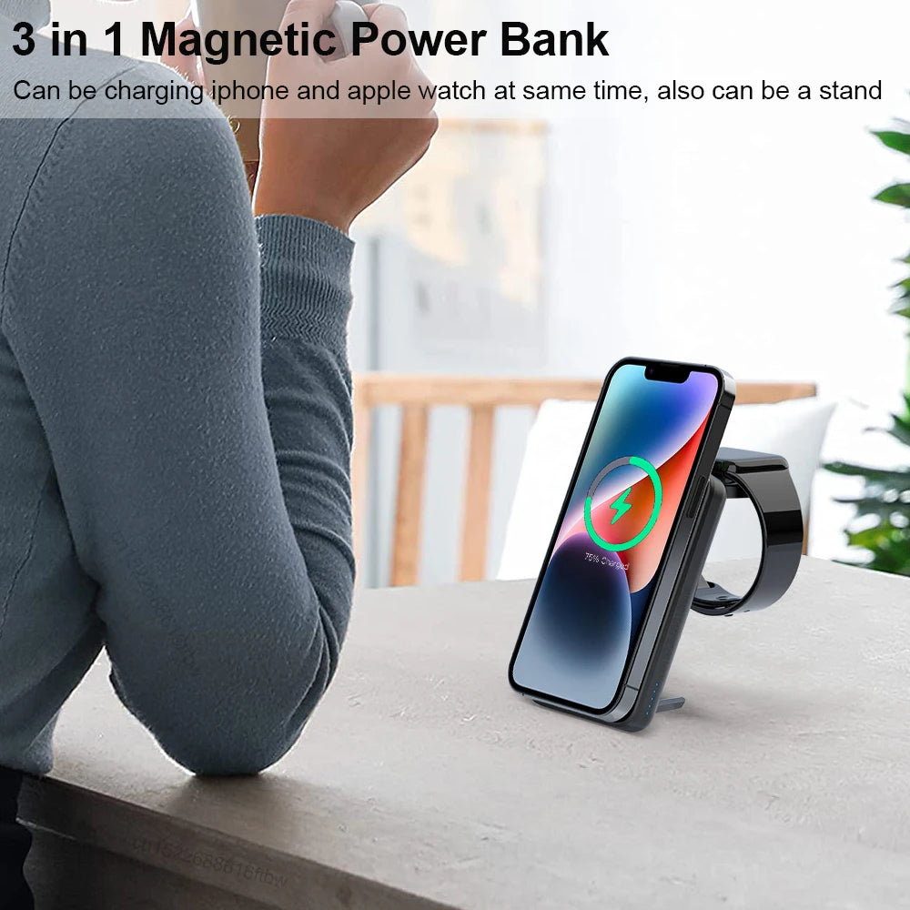 Premium Power Bank 5000mAh MagSafe Compatible 3-in-1 Wireless Charger Portable Magnetic Battery Smartphone Watch Earbuds Charging Station