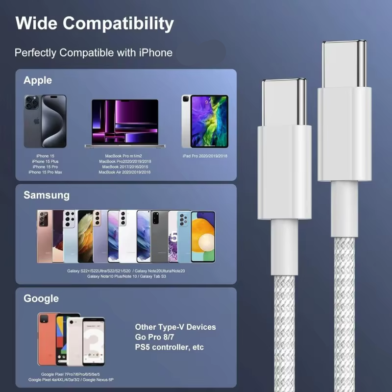 Premium USB-C to USB-C Charging Cable 100W Fast Charging Power Delivery High Speed Durable TPE TPU Construction Stable Power Transfer