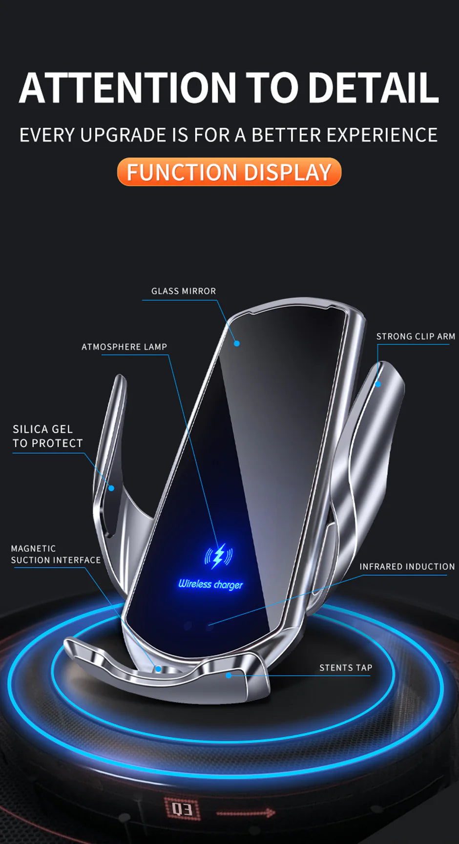 Premium Wireless Car Charger 30W Fast Charging Magnetic Phone Mount Infrared Sensor Auto Clamp USB-C LED Display
