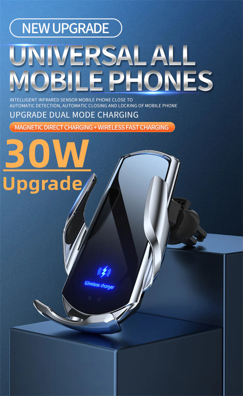Premium Wireless Car Charger 30W Fast Charging Magnetic Phone Mount Infrared Sensor Auto Clamp USB-C LED Display