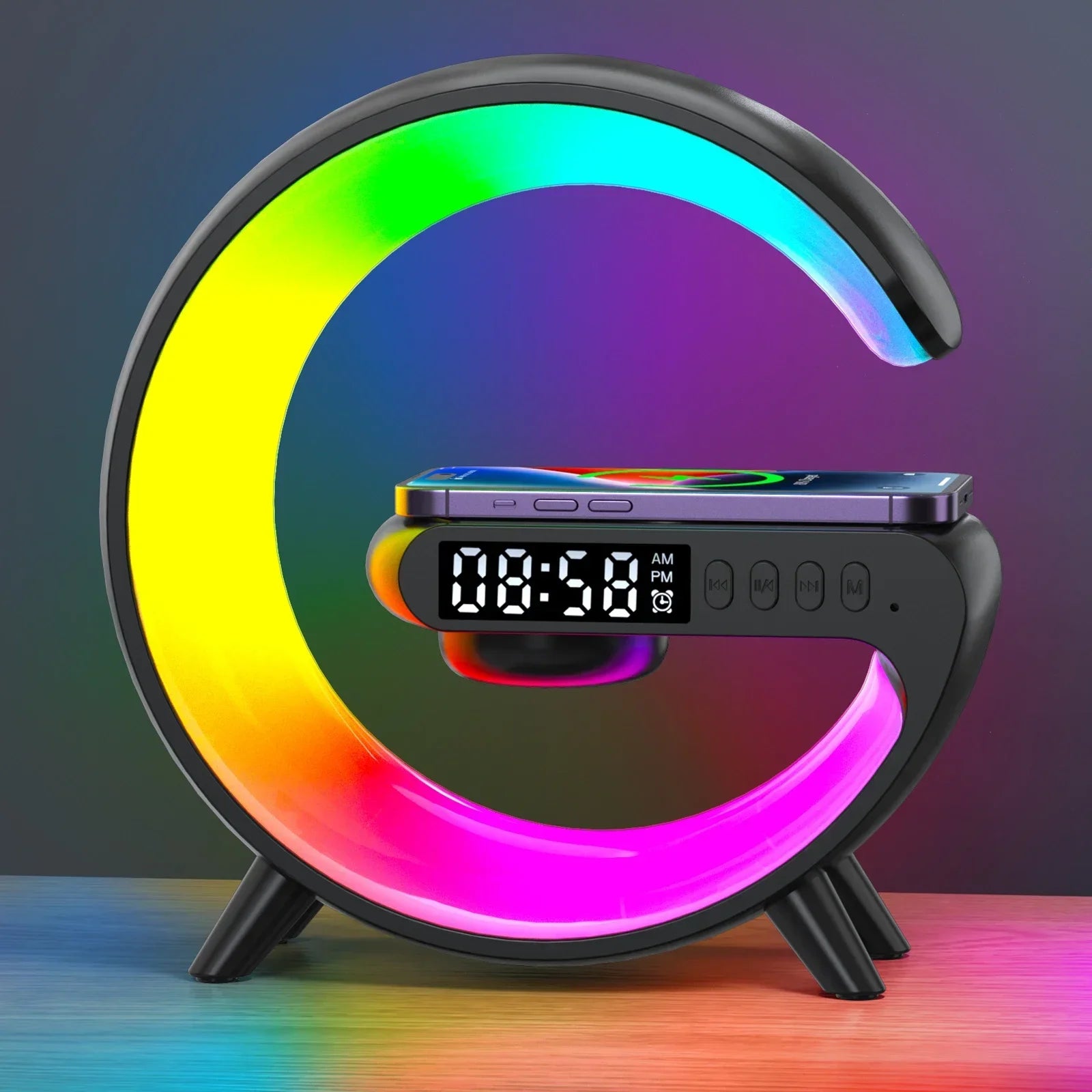 Premium Wireless Charging Station RGB LED Bluetooth Speaker Clock Fast Charging Dock USB-C Multi Device Charger