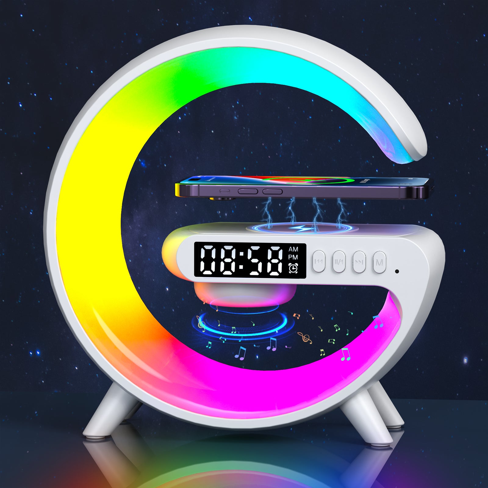 Premium Wireless Charging Station RGB LED Bluetooth Speaker Clock Fast Charging Dock USB-C Multi Device Charger