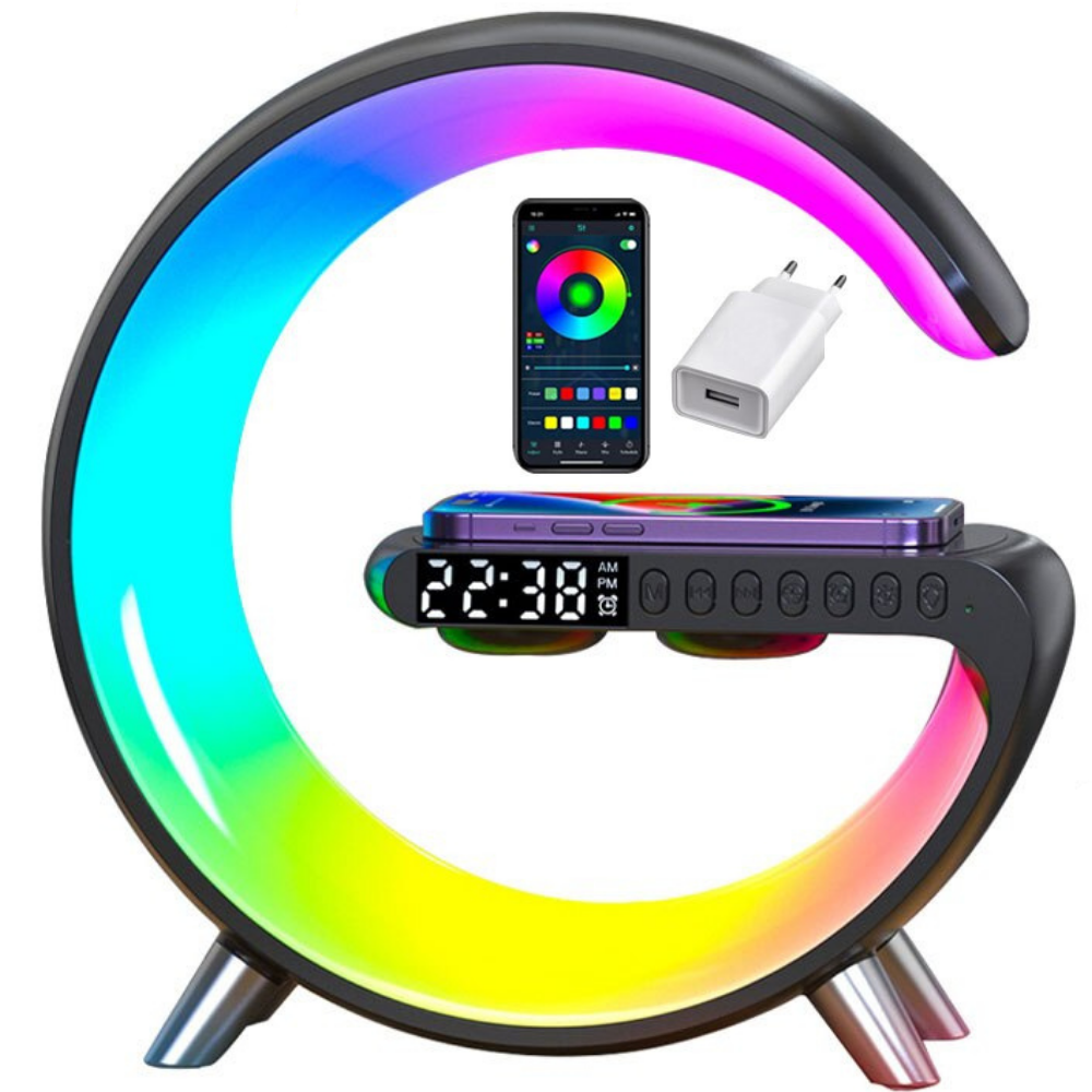 Premium Wireless Charging Station RGB LED Bluetooth Speaker Clock Fast Charging Dock USB-C Multi Device Charger