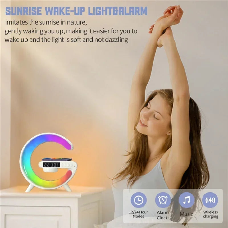 Premium Wireless Charging Station RGB LED Bluetooth Speaker Clock Fast Charging Dock USB-C Multi Device Charger