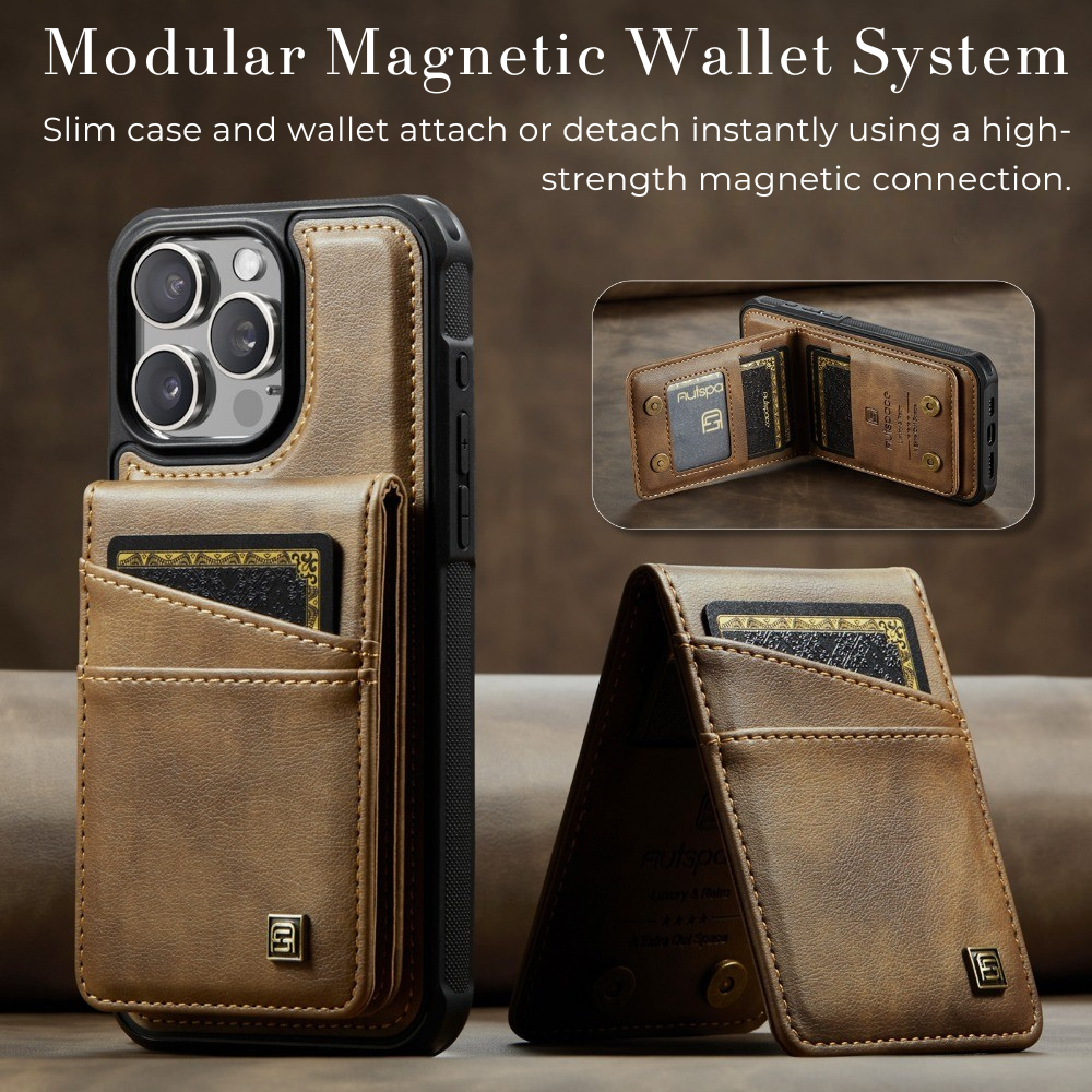 Premium iPhone Case 2-in-1 Magnetic Detachable Wallet Flip Cover PU Leather Card Holder Cash Pocket Wrist Strap Shockproof Full Protection Slim Design