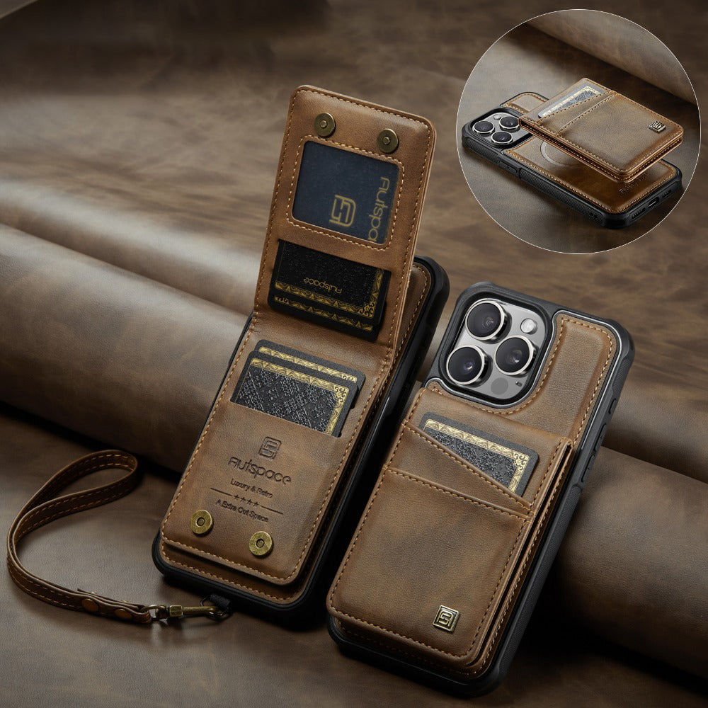 Premium iPhone Case 2-in-1 Magnetic Detachable Wallet Flip Cover PU Leather Card Holder Cash Pocket Wrist Strap Shockproof Full Protection Slim Design