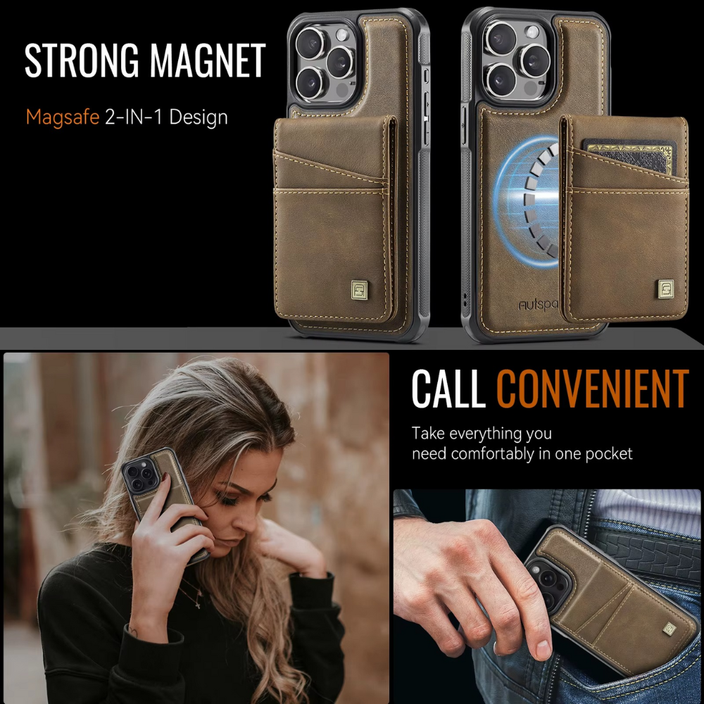 Premium iPhone Case 2-in-1 Magnetic Detachable Wallet Flip Cover PU Leather Card Holder Cash Pocket Wrist Strap Shockproof Full Protection Slim Design