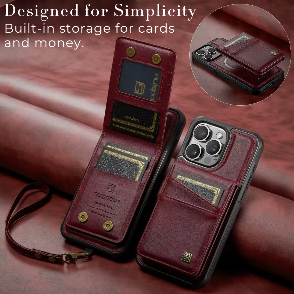 Premium iPhone Case 2-in-1 Magnetic Detachable Wallet Flip Cover PU Leather Card Holder Cash Pocket Wrist Strap Shockproof Full Protection Slim Design