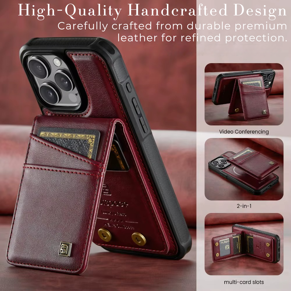 Premium iPhone Case 2-in-1 Magnetic Detachable Wallet Flip Cover PU Leather Card Holder Cash Pocket Wrist Strap Shockproof Full Protection Slim Design