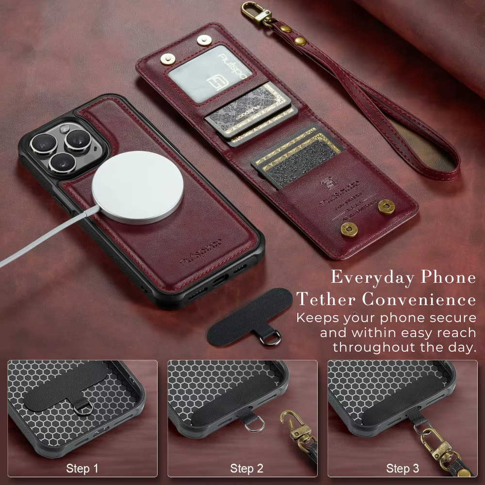 Premium iPhone Case 2-in-1 Magnetic Detachable Wallet Flip Cover PU Leather Card Holder Cash Pocket Wrist Strap Shockproof Full Protection Slim Design