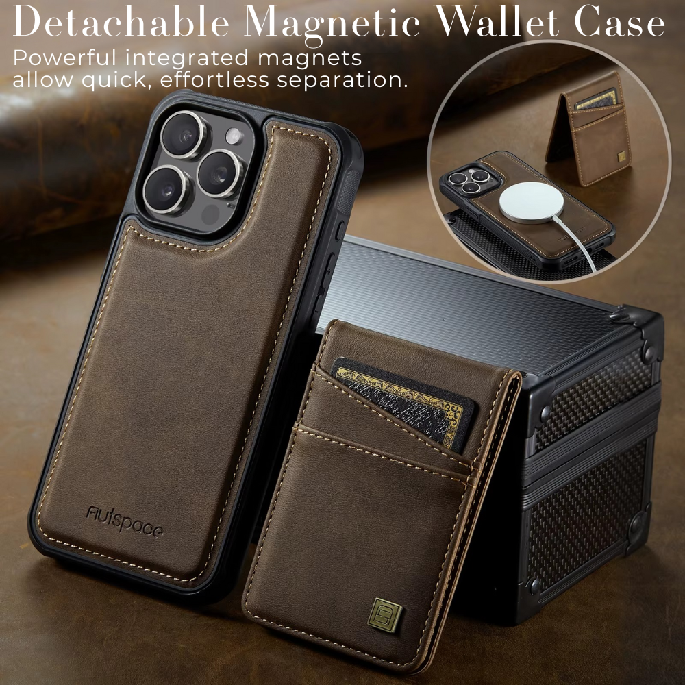 Premium iPhone Case 2-in-1 Magnetic Detachable Wallet Flip Cover PU Leather Card Holder Cash Pocket Wrist Strap Shockproof Full Protection Slim Design