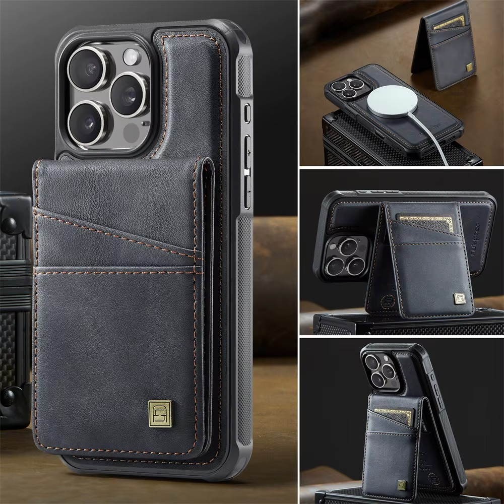 Premium iPhone Case 2-in-1 Magnetic Detachable Wallet Flip Cover PU Leather Card Holder Cash Pocket Wrist Strap Shockproof Full Protection Slim Design