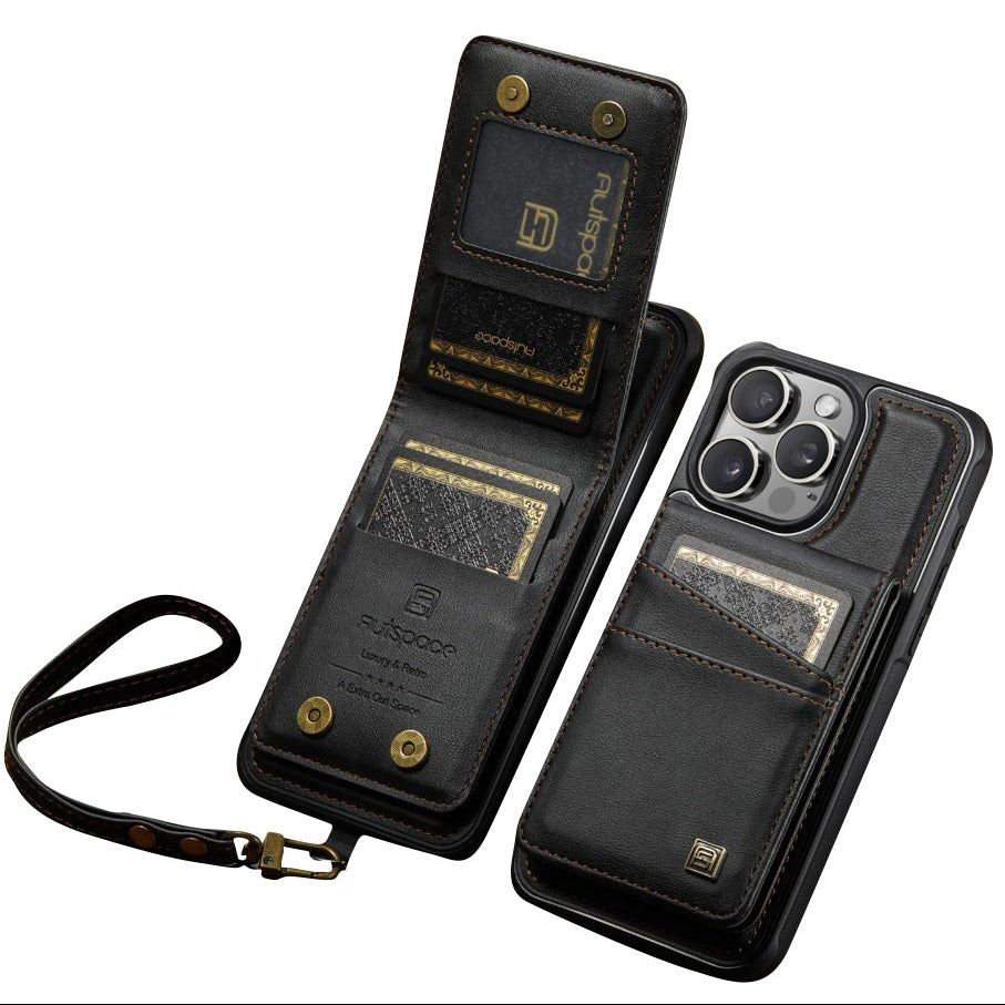 Premium iPhone Case 2-in-1 Magnetic Detachable Wallet Flip Cover PU Leather Card Holder Cash Pocket Wrist Strap Shockproof Full Protection Slim Design