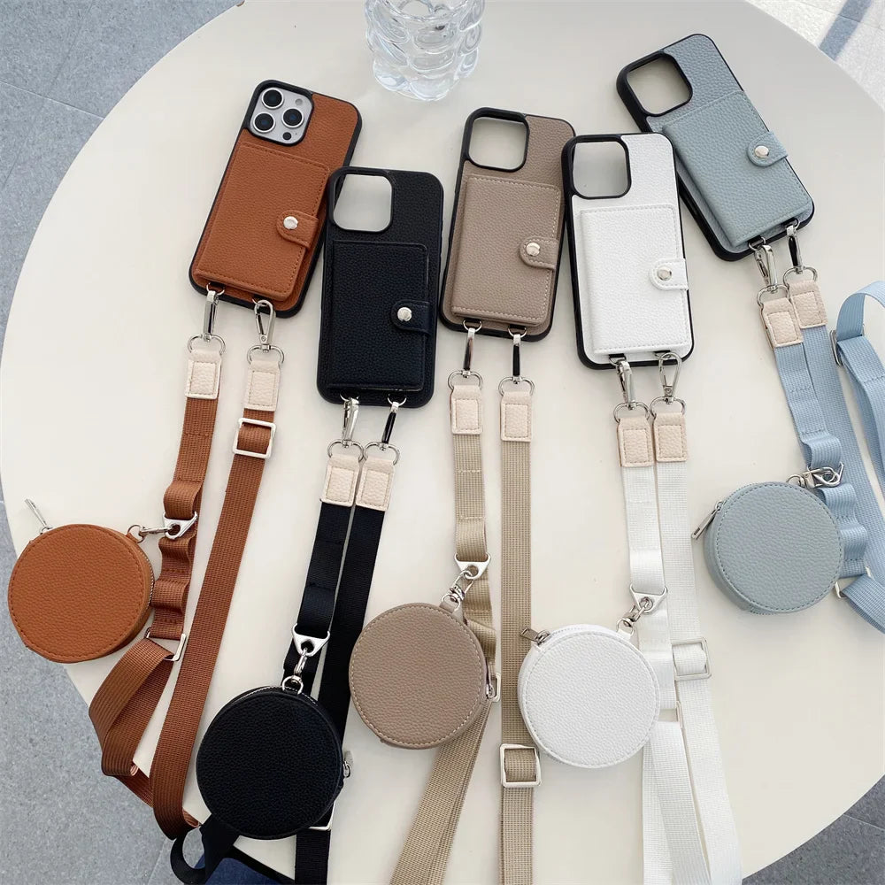Premium iPhone Case Crossbody Wallet Cover PU Leather Card Holder Coin Pocket RFID Protection Magnetic Closure Shoulder Strap Shockproof Full Protection Slim Design
