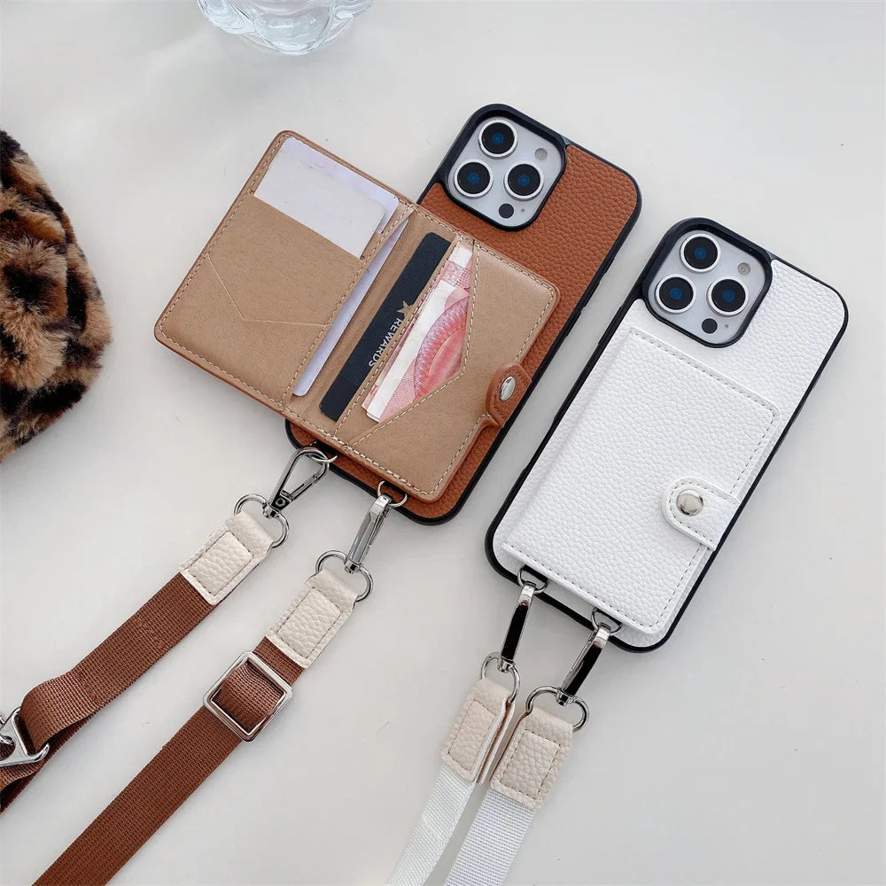 Premium iPhone Case Crossbody Wallet Cover PU Leather Card Holder Coin Pocket RFID Protection Magnetic Closure Shoulder Strap Shockproof Full Protection Slim Design