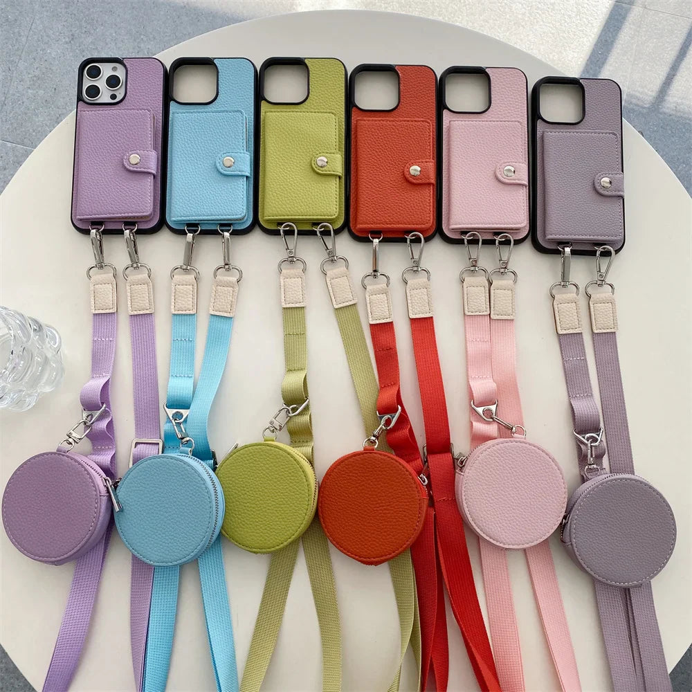 Premium iPhone Case Crossbody Wallet Cover PU Leather Card Holder Coin Pocket RFID Protection Magnetic Closure Shoulder Strap Shockproof Full Protection Slim Design