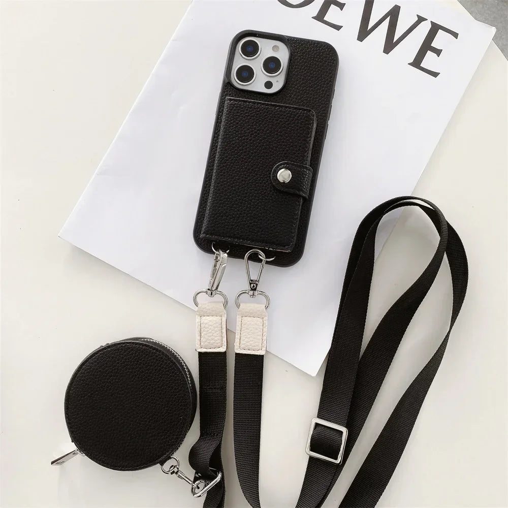 Premium iPhone Case Crossbody Wallet Cover PU Leather Card Holder Coin Pocket RFID Protection Magnetic Closure Shoulder Strap Shockproof Full Protection Slim Design
