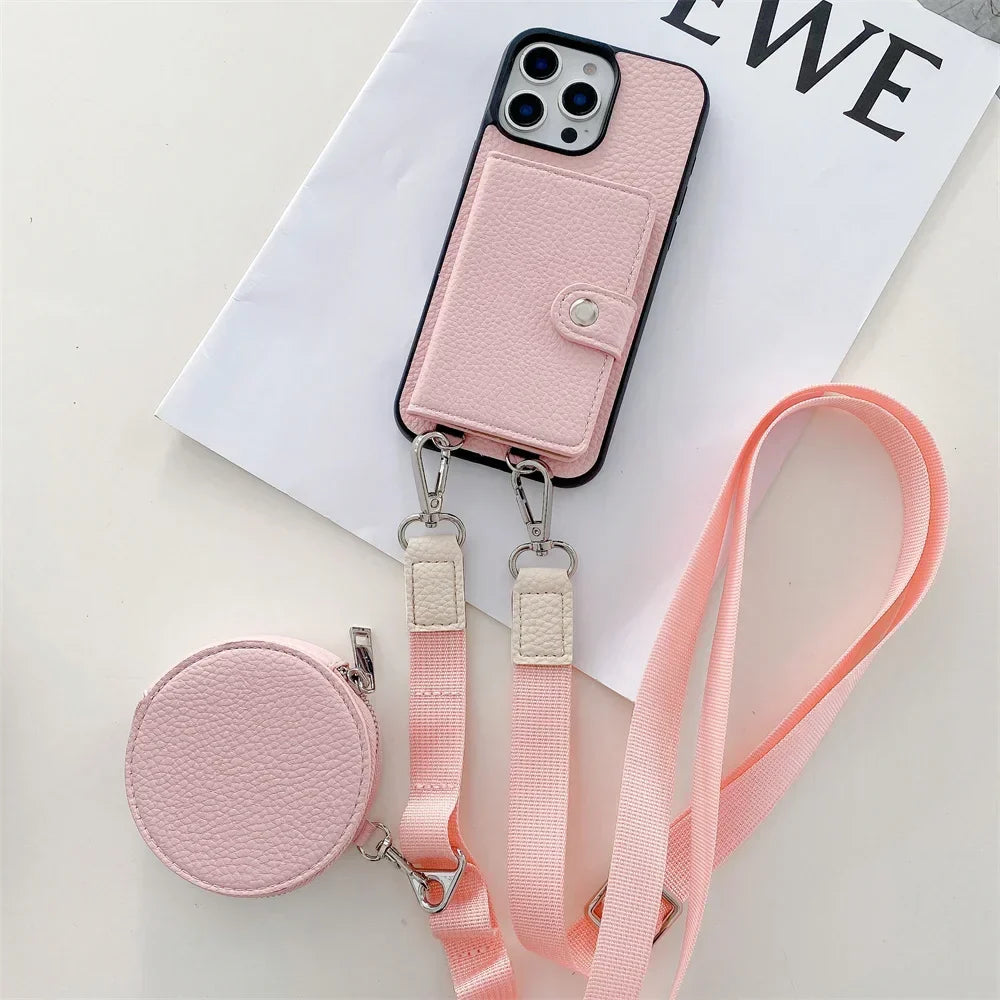 Premium iPhone Case Crossbody Wallet Cover PU Leather Card Holder Coin Pocket RFID Protection Magnetic Closure Shoulder Strap Shockproof Full Protection Slim Design