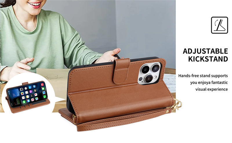 Premium iPhone Case Crossbody Wallet Cover PU Leather Card Holder Magnetic Closure Shoulder Strap Shockproof Full Protection Slim Design