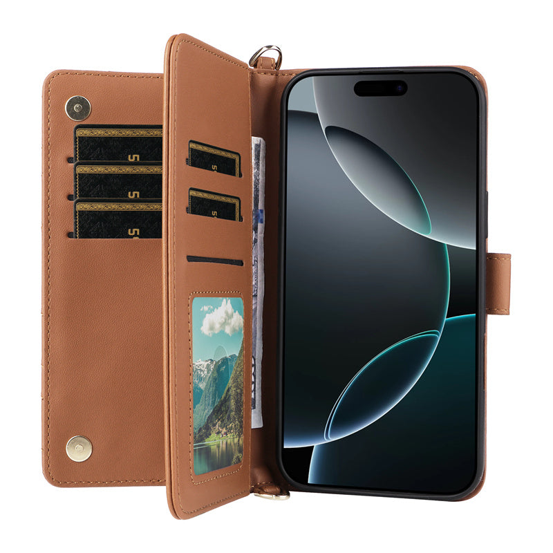Premium iPhone Case Crossbody Wallet Cover PU Leather Card Holder Magnetic Closure Shoulder Strap Shockproof Full Protection Slim Design