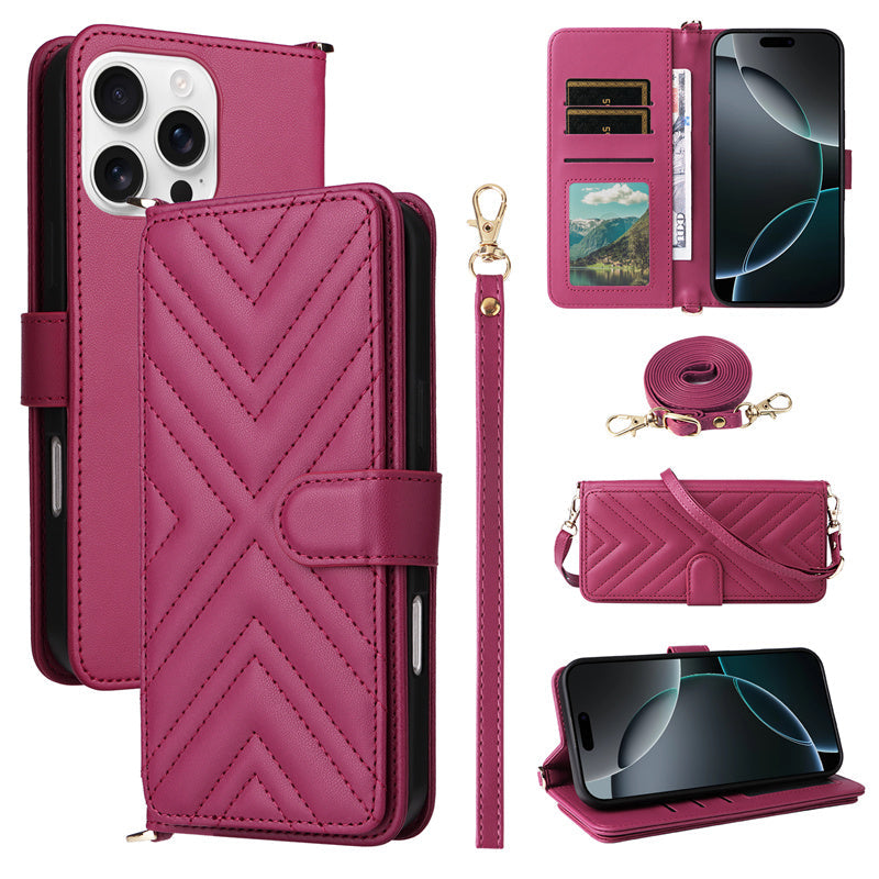 Premium iPhone Case Crossbody Wallet Cover PU Leather Card Holder Magnetic Closure Shoulder Strap Shockproof Full Protection Slim Design