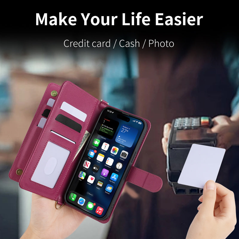 Premium iPhone Case Crossbody Wallet Cover PU Leather Card Holder Magnetic Closure Shoulder Strap Shockproof Full Protection Slim Design