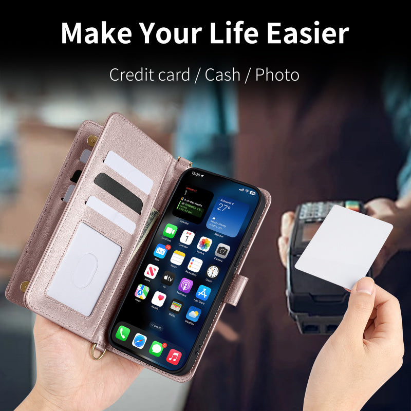 Premium iPhone Case Crossbody Wallet Cover PU Leather Card Holder Magnetic Closure Shoulder Strap Shockproof Full Protection Slim Design