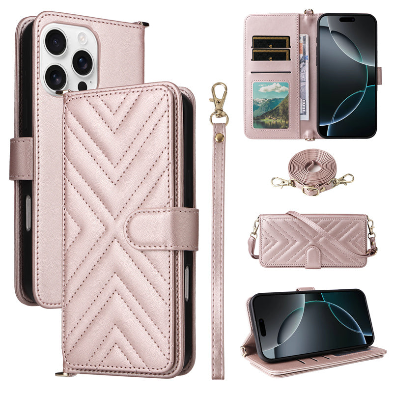 Premium iPhone Case Crossbody Wallet Cover PU Leather Card Holder Magnetic Closure Shoulder Strap Shockproof Full Protection Slim Design