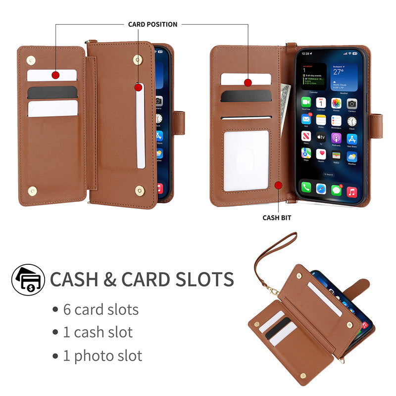 Premium iPhone Case Crossbody Wallet Cover PU Leather Card Holder Magnetic Closure Shoulder Strap Shockproof Full Protection Slim Design