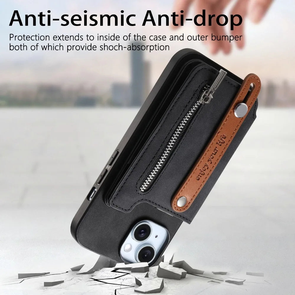Premium iPhone Case Detachable Zipper Wallet Flip Cover PU Leather Card Holder Magnetic Closure Wrist Strap Shockproof Full Protection
