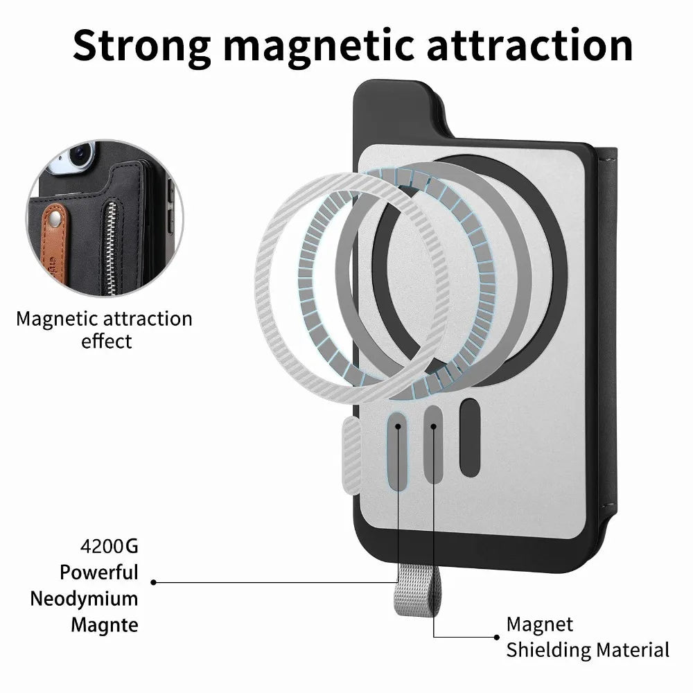Premium iPhone Case Detachable Zipper Wallet Flip Cover PU Leather Card Holder Magnetic Closure Wrist Strap Shockproof Full Protection