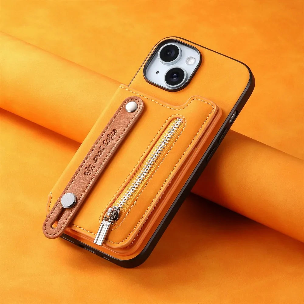 Premium iPhone Case Detachable Zipper Wallet Flip Cover PU Leather Card Holder Magnetic Closure Wrist Strap Shockproof Full Protection