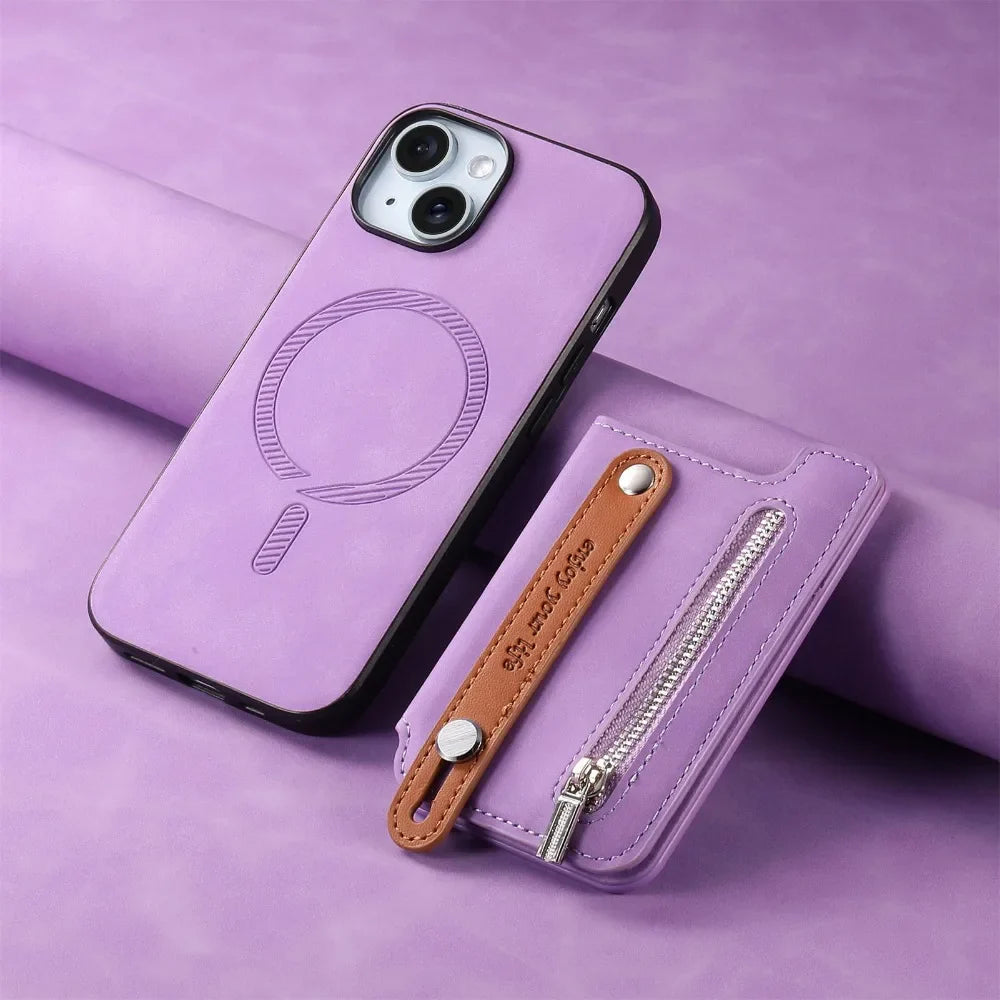 Premium iPhone Case Detachable Zipper Wallet Flip Cover PU Leather Card Holder Magnetic Closure Wrist Strap Shockproof Full Protection
