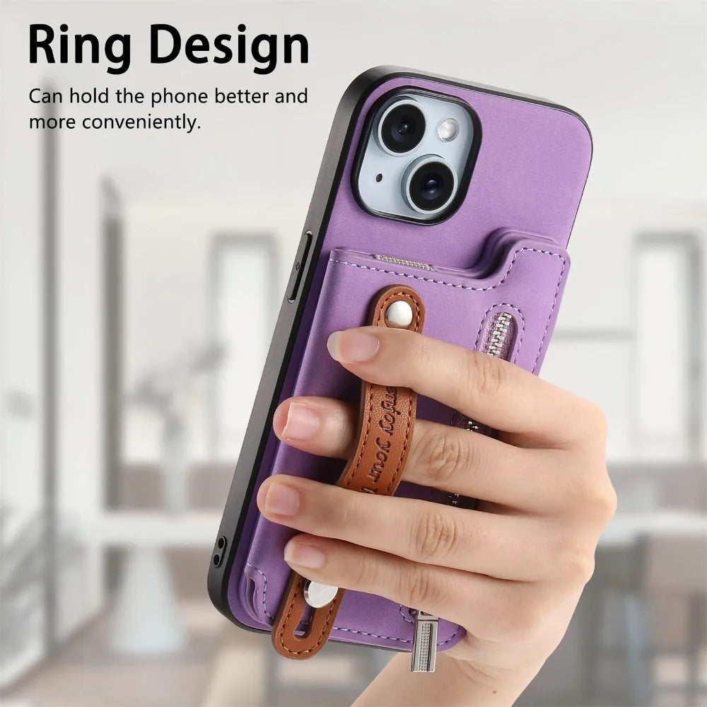 Premium iPhone Case Detachable Zipper Wallet Flip Cover PU Leather Card Holder Magnetic Closure Wrist Strap Shockproof Full Protection