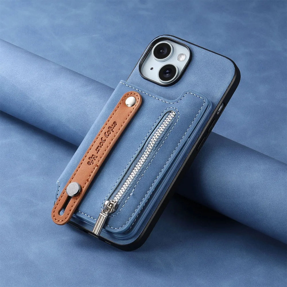 Premium iPhone Case Detachable Zipper Wallet Flip Cover PU Leather Card Holder Magnetic Closure Wrist Strap Shockproof Full Protection