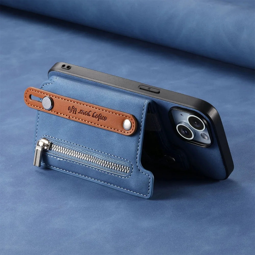 Premium iPhone Case Detachable Zipper Wallet Flip Cover PU Leather Card Holder Magnetic Closure Wrist Strap Shockproof Full Protection